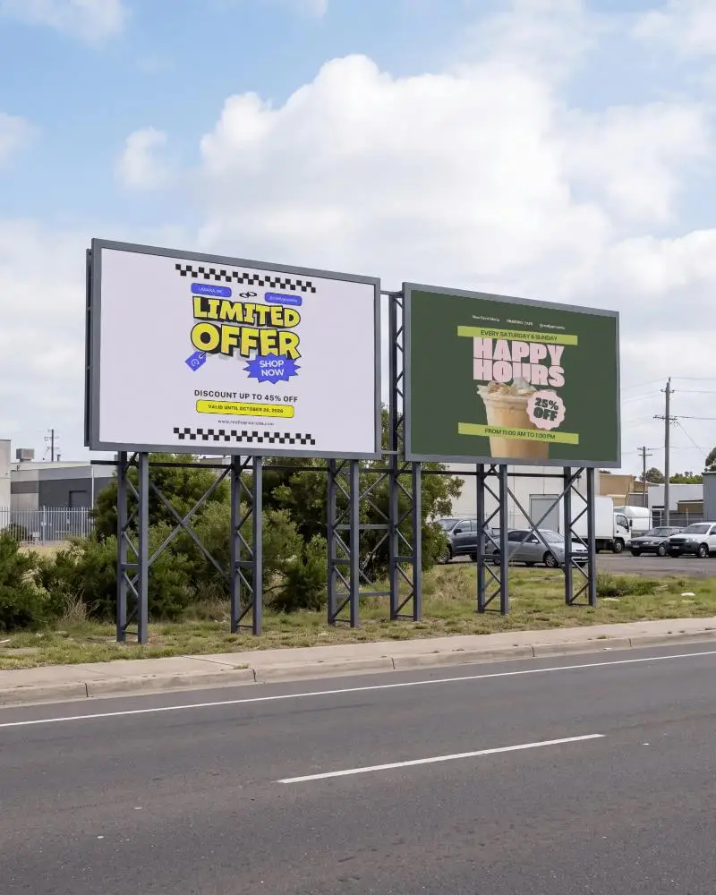 Empty Dual Billboard Mockups For Highway Advertising With Clear Sky Background