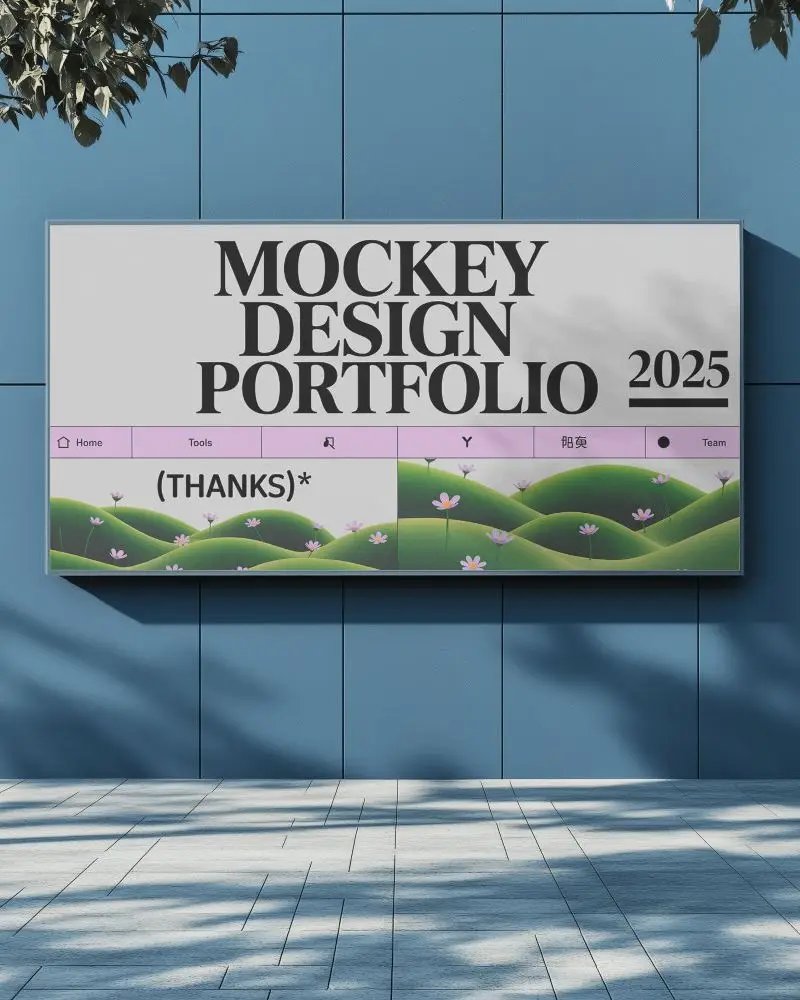 Sleek Outdoor Billboard Mockup Against Blue Modern Wall Under Soft Lighting And Leafy Shadows