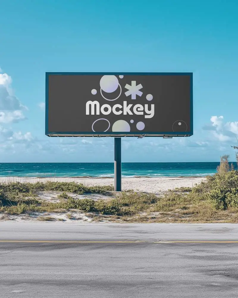 Coastal Highway Billboard Mockup Facing Blue Ocean On Sunny Day With Clear Skies And Sand Dunes