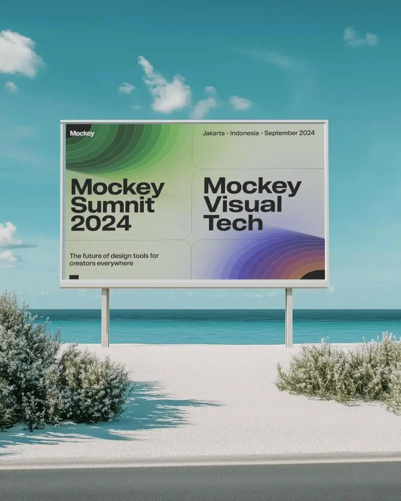 Beachside Horizontal Billboard Mockup Facing Sea With Soft Light Shrubs And Clear Weather