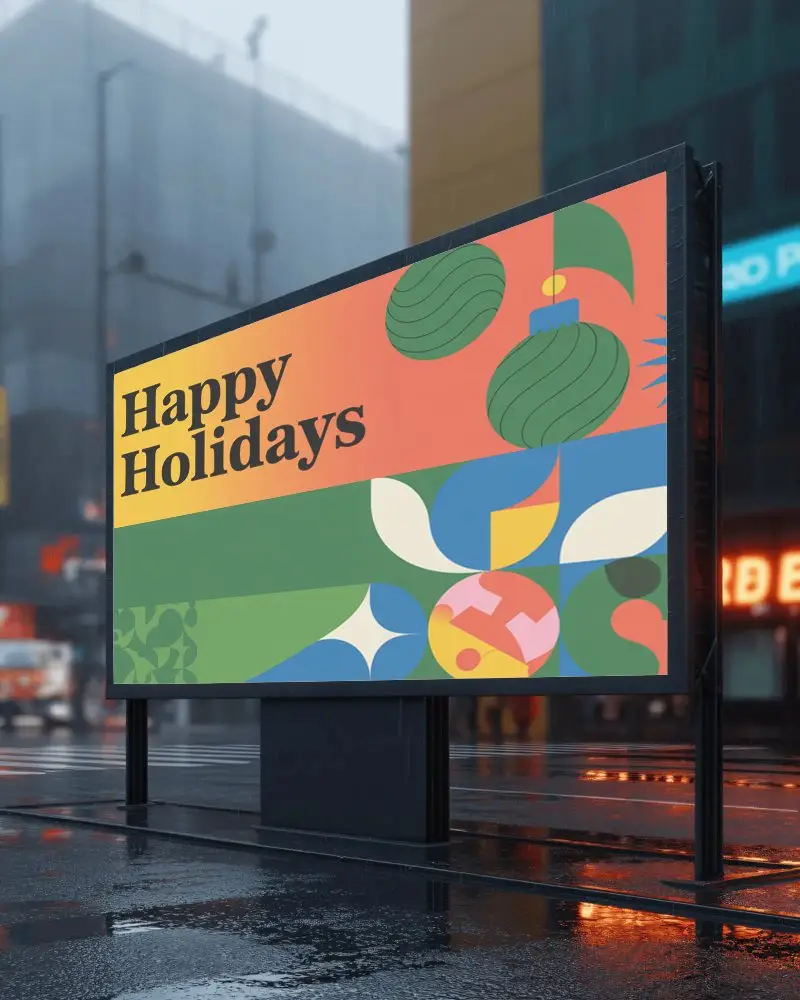 Urban Outdoor Billboard Mockup With Rainy Street Reflections And Blank Advertising Space