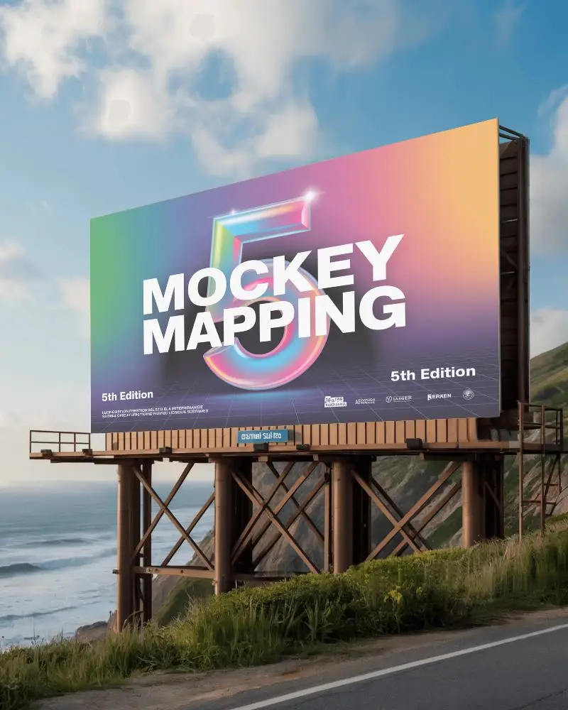 Roadside Billboard Mockup With Mountain And Seaside View Under Sunset Cloudy Sky