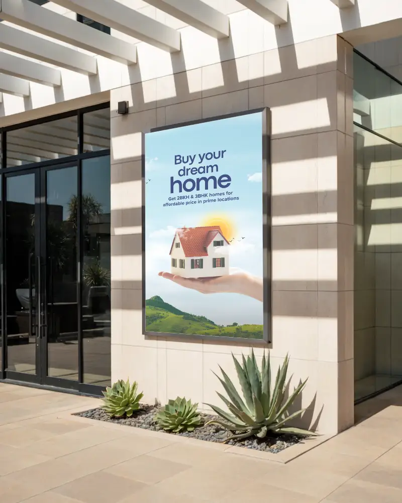 Modern Outdoor Billboard Mockup For Advertising On Tiled Wall With Glass Door Entrance 0557