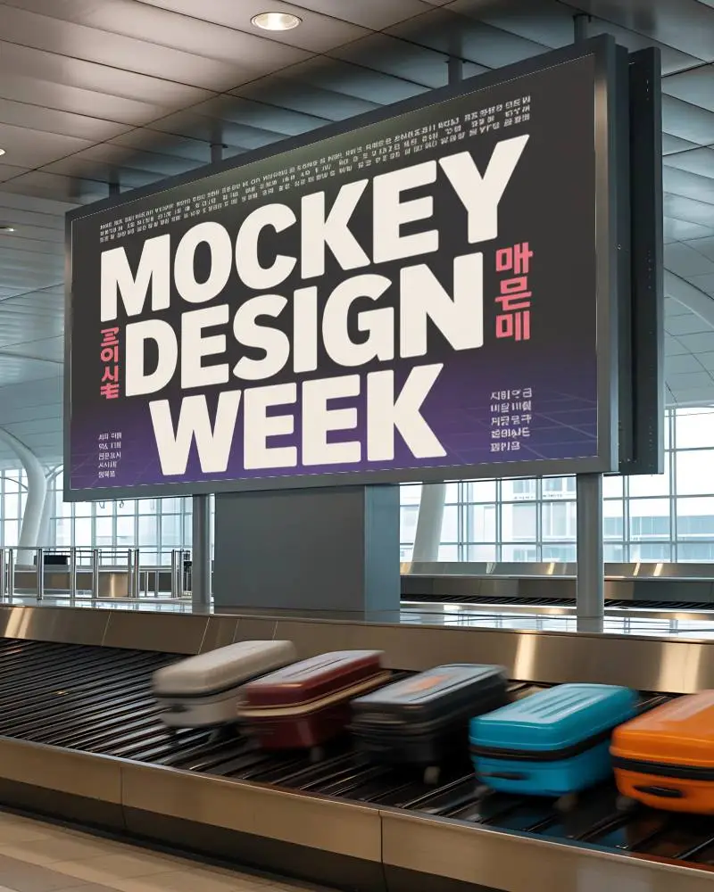 Empty Billboard Mockup Over Airport Luggage Belt For Brand Marketing And Announcements