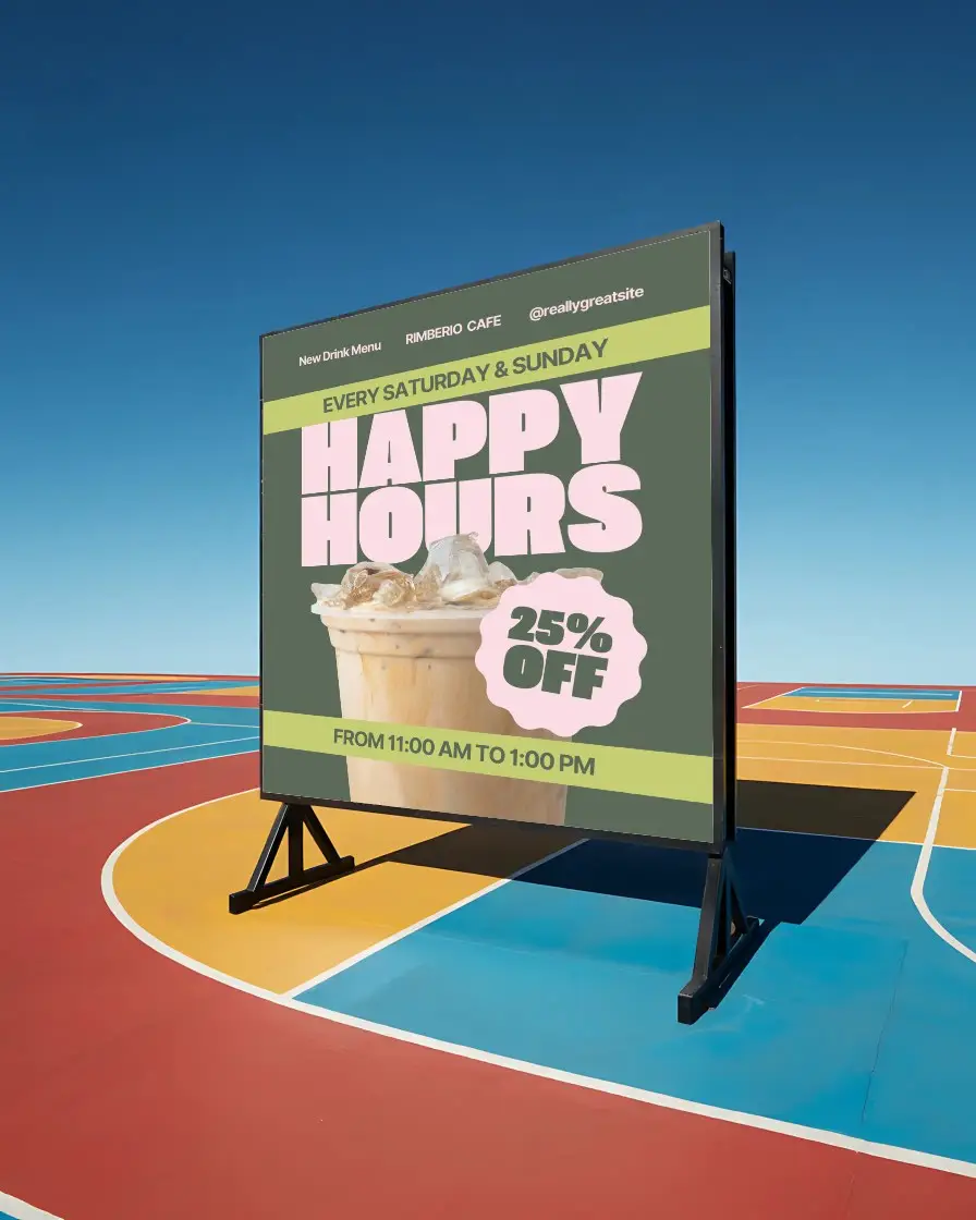 Large Outdoor Billboard Mockup Display On Colorful Sports Court Under Clear Blue Sky Background