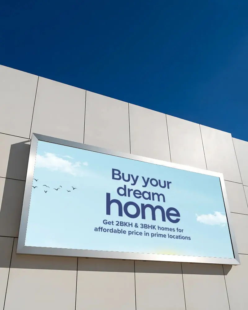 Empty Rectangular Billboard Mockup On Exterior Wall With Blue Sky Background