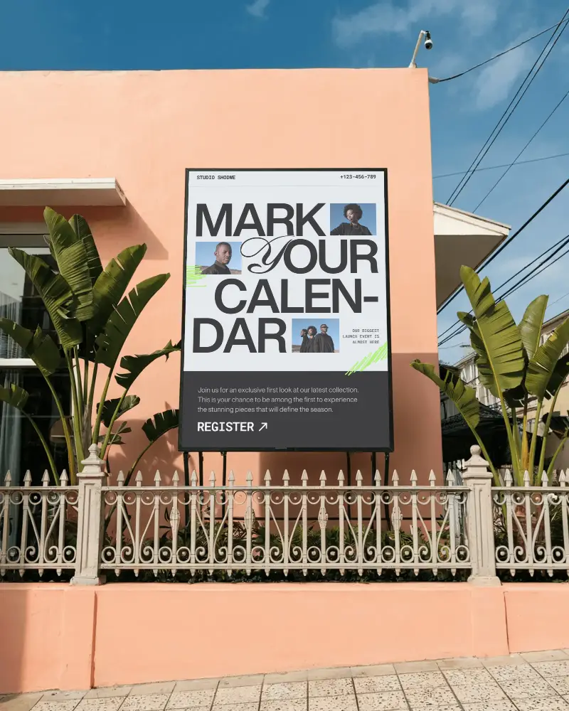 Street Vertical Billboard Mockup With Tropical Plants And Sunny Sky Vintage Metal Fence 