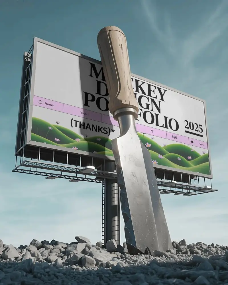 Large Construction Chisel Standing Against Empty Billboard Mockup With Metal Framework Sky