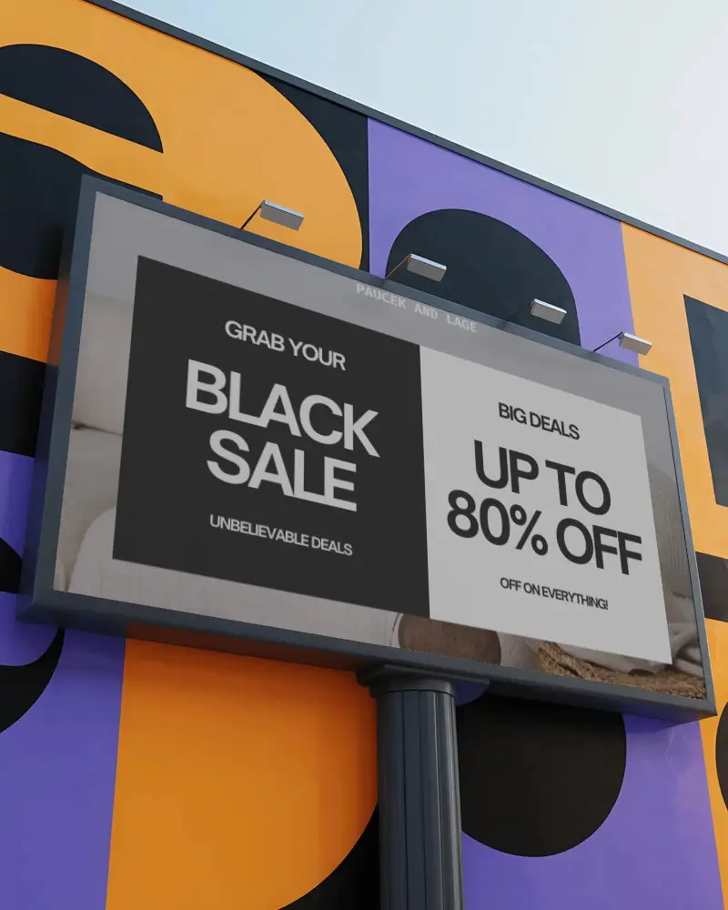 Large Billboard Mockup Standing On Pole In Front Of Modern Geometric Wall Art Design