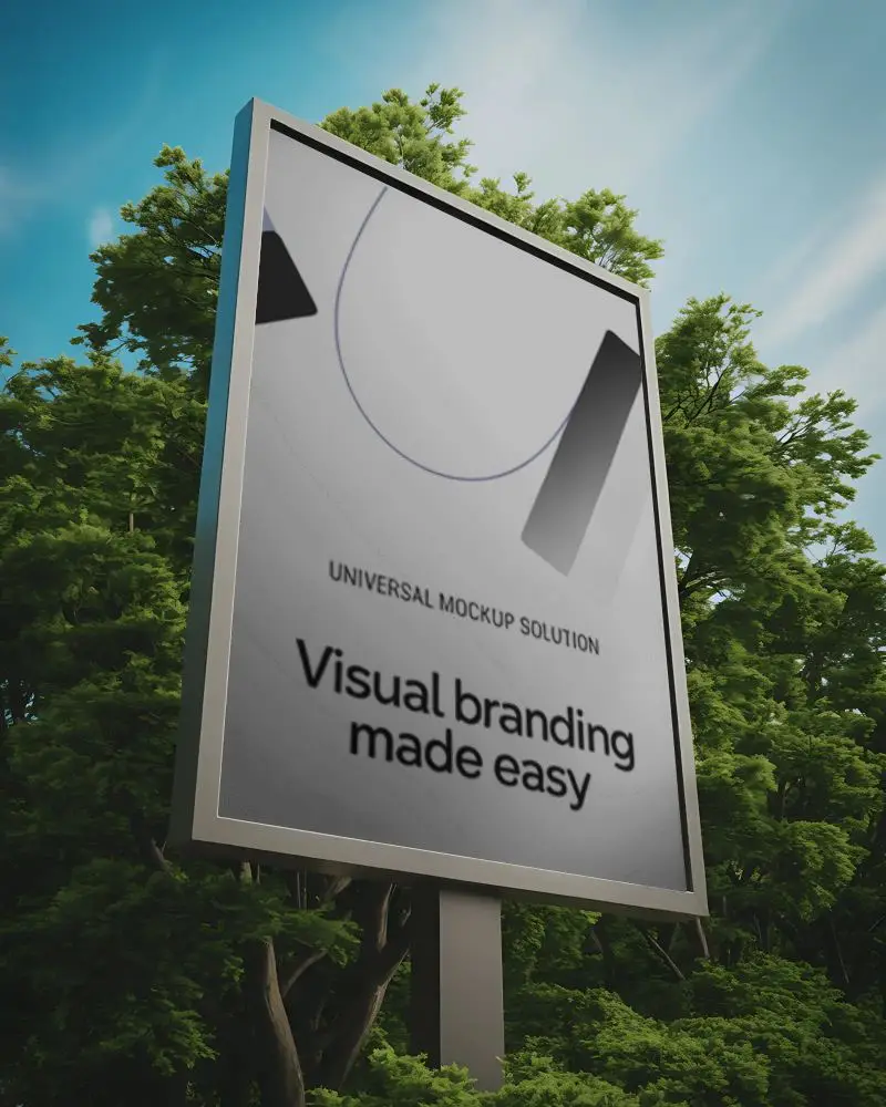 Outdoor Advertising Billboard Mockup Surrounded By Natural Greenery And Blue Sky