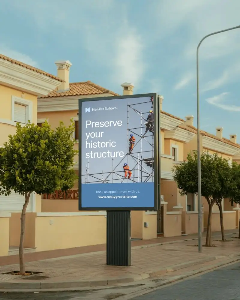Outdoor Roadside Suburban Street Billboard Mockup With Vertical Display Near Residential Homes