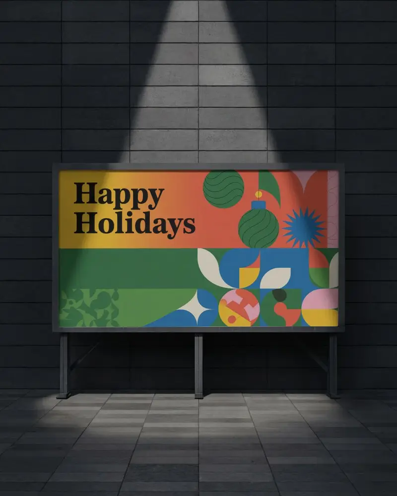 Night Scene Outdoor Billboard Mockup With Wide Ad Panel Shadowed Wall Under Dramatic Spotlight