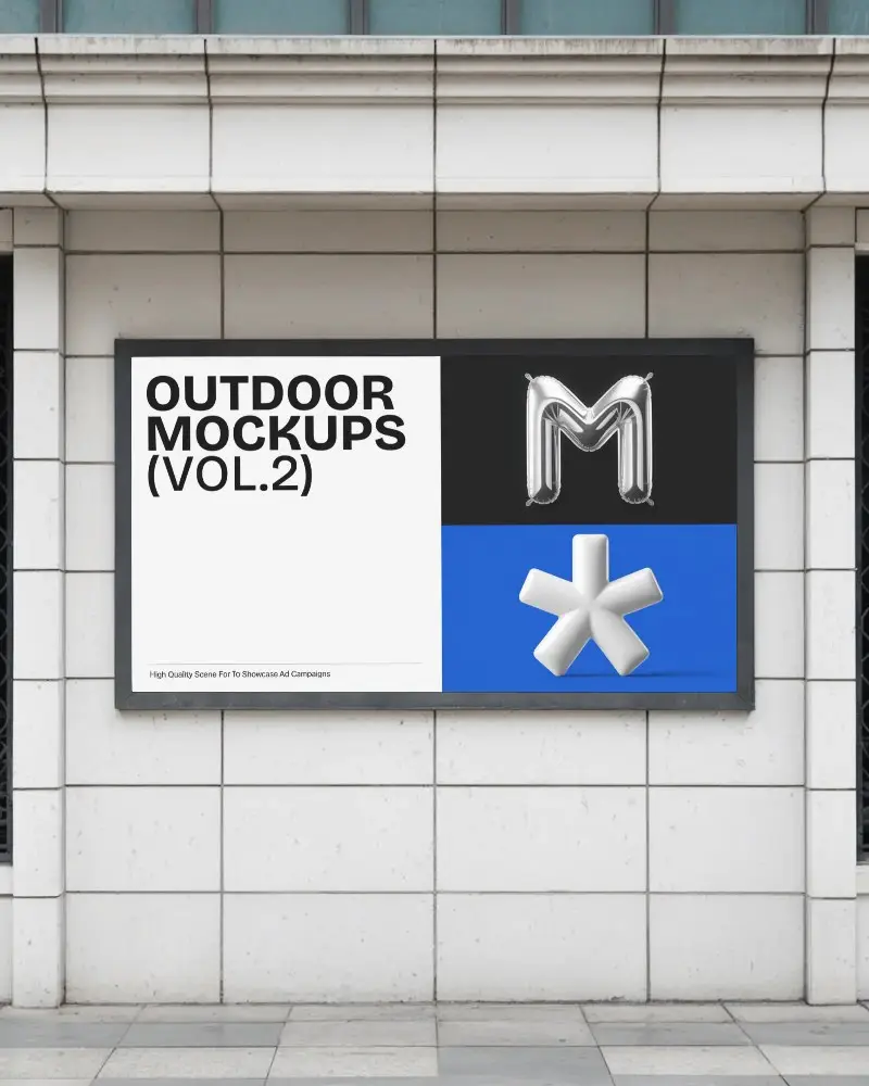 Modern Exterior Wall Billboard Mockup With Horizontal Display Frame Landscape Ad Panel
