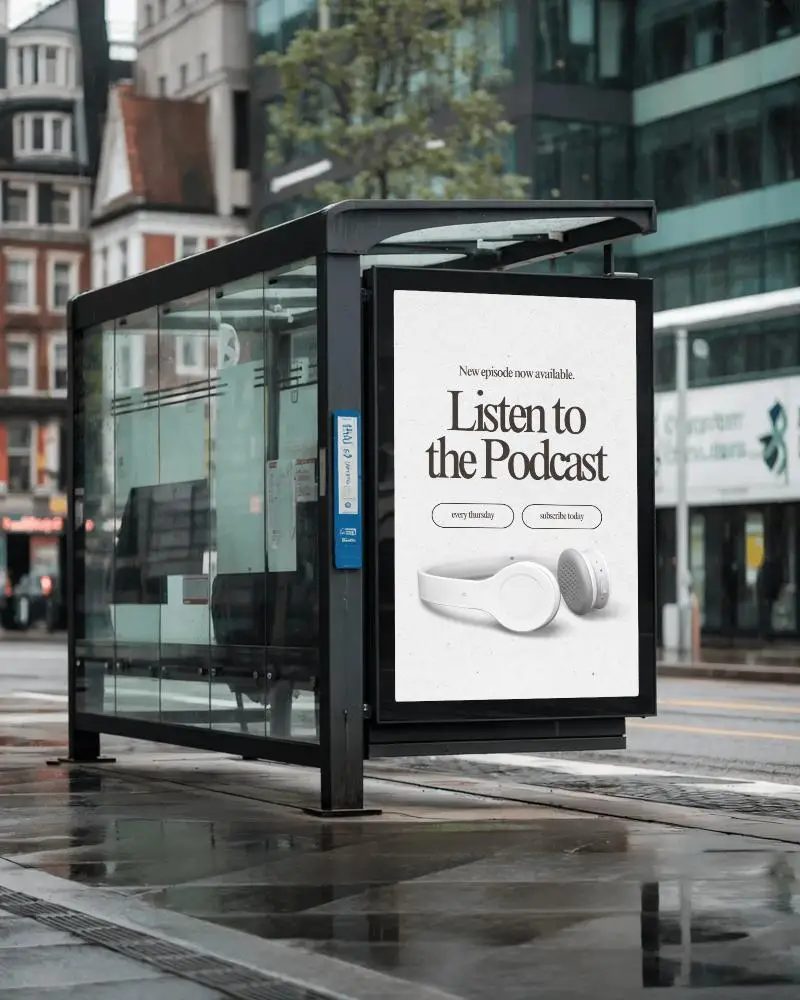Rainy City Bus Shelter Billboard Mockup With Vertical Lightbox Display