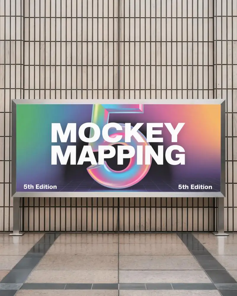 Indoor Station Modern Tile Wall Billboard Mockup With Clean Landscape Ad Panel