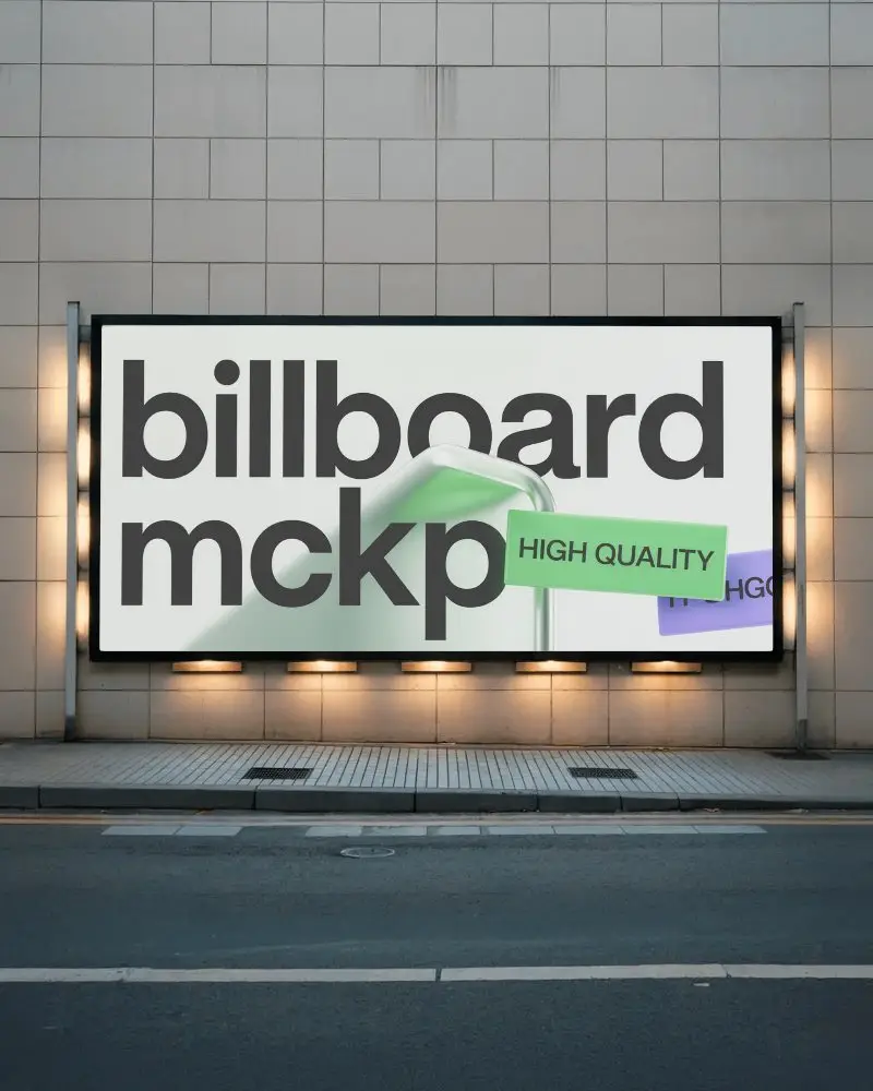 Modern Tiled Facade Billboard Mockup With Horizontal Wide Illuminated Display Ad Panel