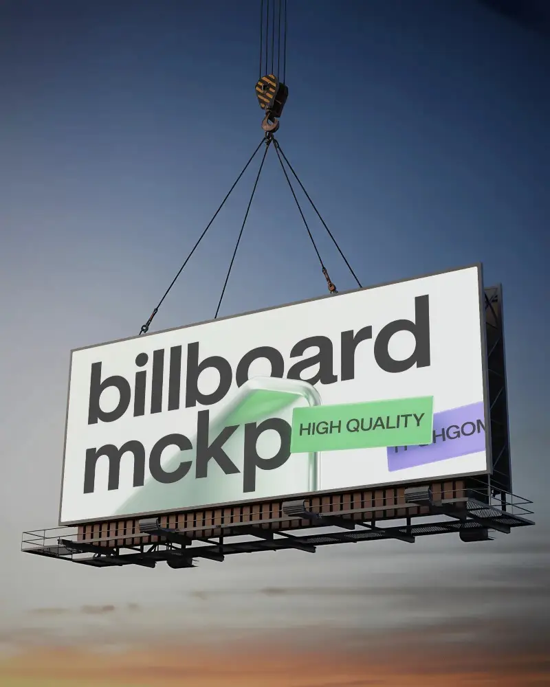 Construction Crane Lifting Billboard Mockup With Large Advertising Panel In Open Sky