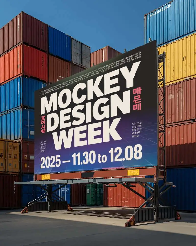 Industrial Cargo Yard Billboard Mockup Surrounded By Stacked Containers