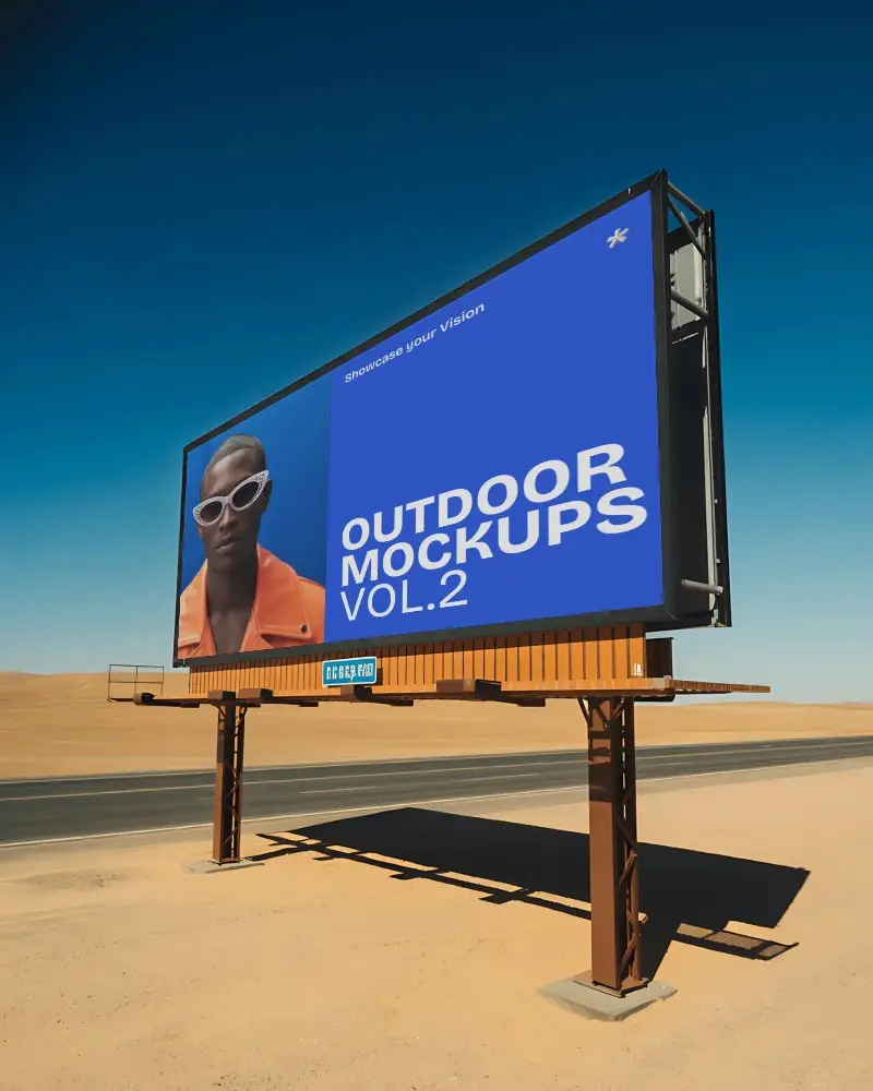 Roadside Desert Landscape Billboard Mockup With Clear Blue Sky Standing In Sandy Terrain