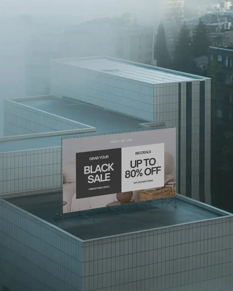 Rooftop Billboard Display Mockup For Outdoor Urban Advertisement In Foggy City Environment
