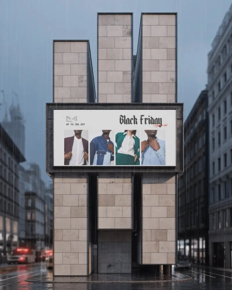 Urban Billboard Mockup On Modern Building Downtown City Scene In Rainy Weather