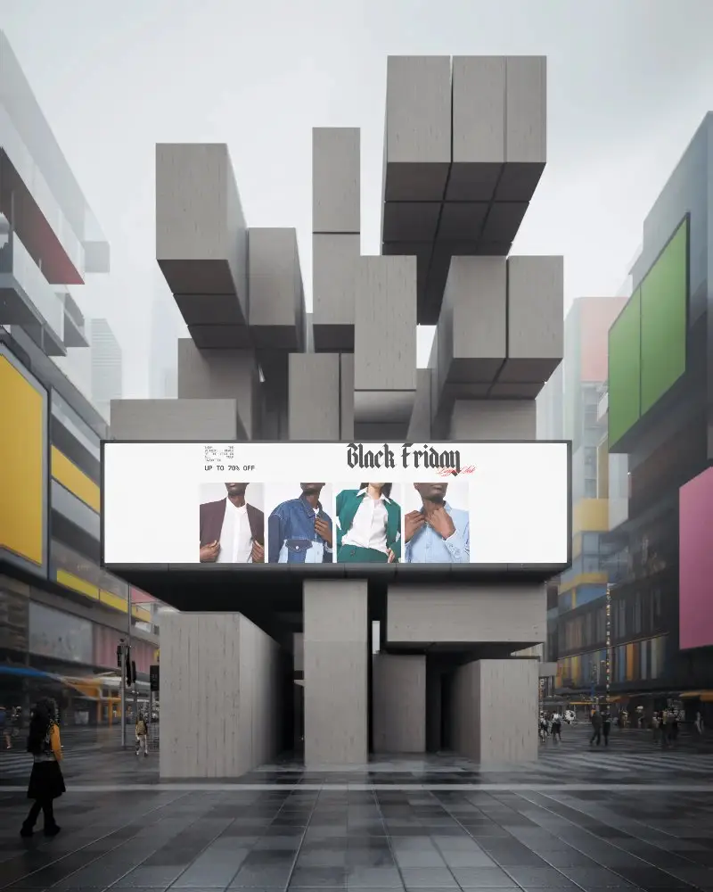 Urban Billboard Mockup On Modern Abstract Sculpture In Busy City Square For Ads