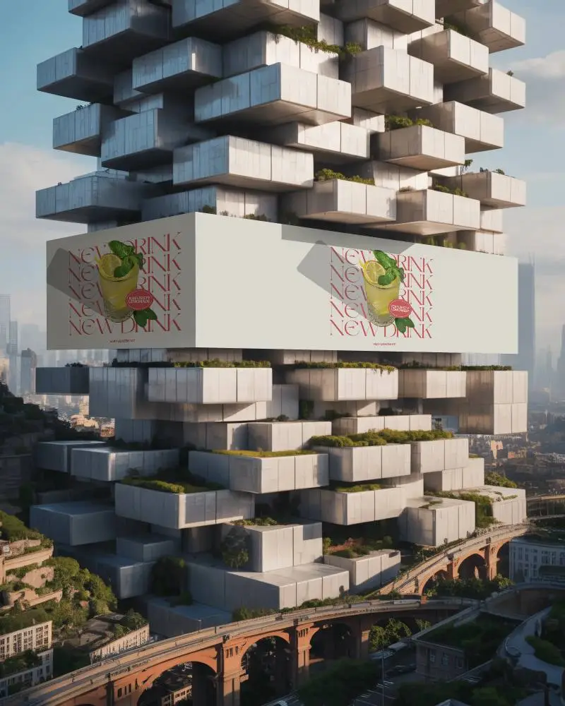 Futuristic Urban Billboard Mockup On Modern Architectural Building With Geometric Balconies