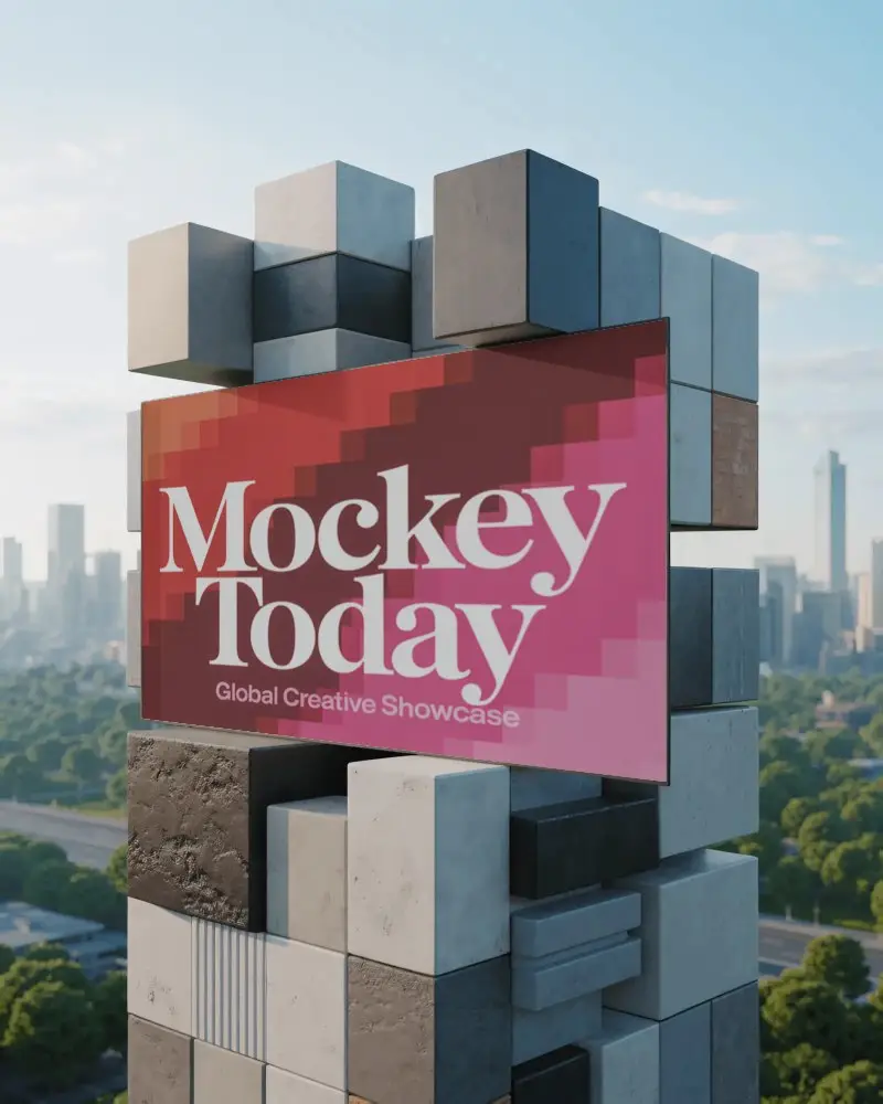 Contemporary Urban Billboard Mockup Surrounded By Geometric Cement Blocks Cityscape