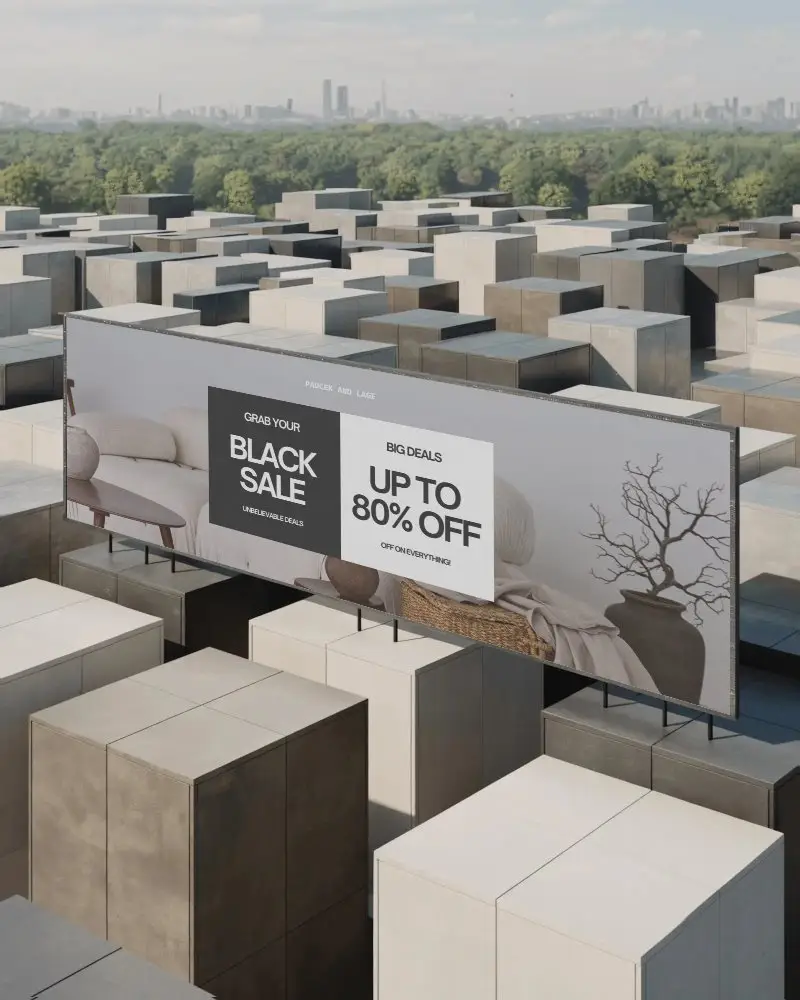 Large Urban Billboard Mockup Positioned Among Modern Architectural Cubical Structures Skyline View