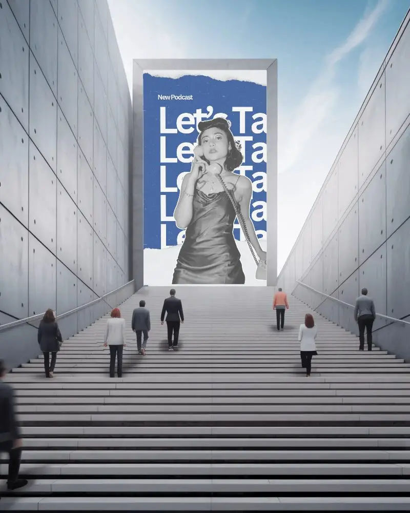Business People Climbing Wide Stairs Towards Large Blank Billboard Mockup In Modern Urban Space