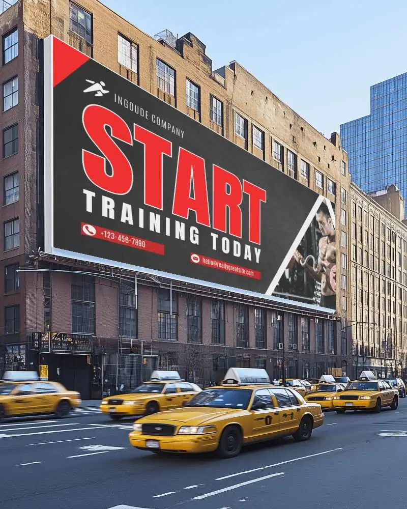 Urban Building Billboard Mockup Yellow Taxi Traffic Ideal Advertising Space