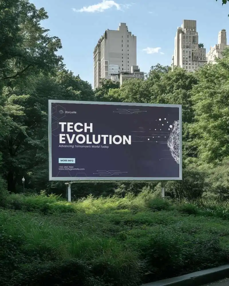 Urban Park View Billboard Mockup With Greenery Surrounding And City Skyline