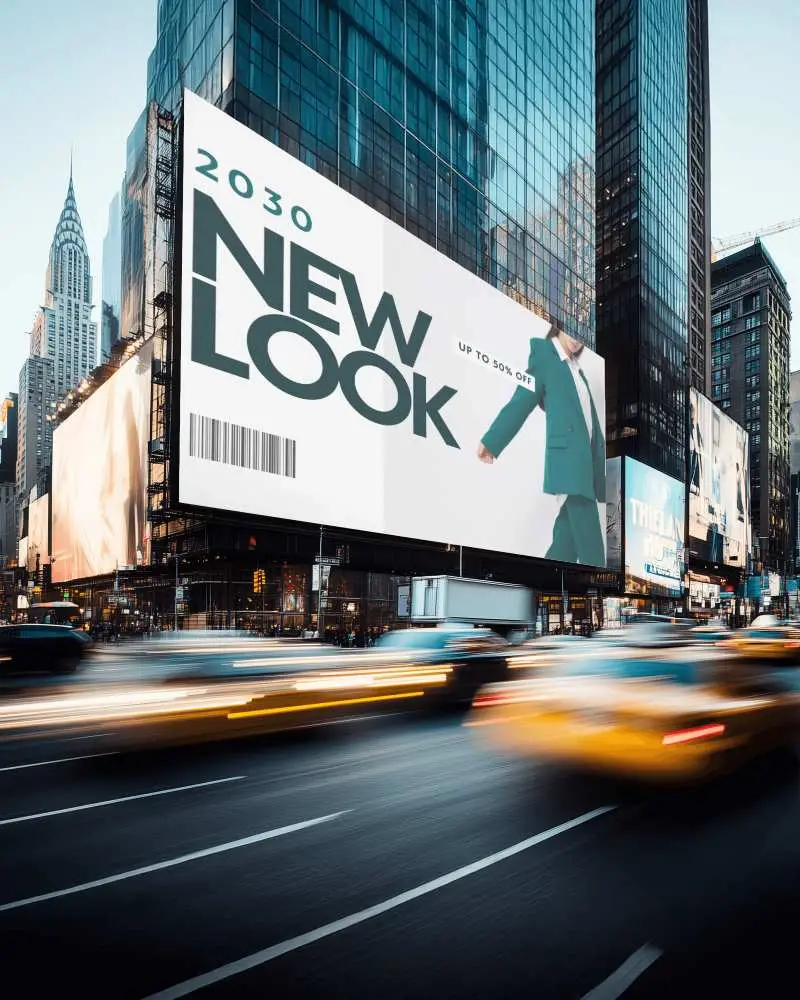 Vibrant Urban Billboard Mockup Amongst Skyscrapers And Busy Vehicles