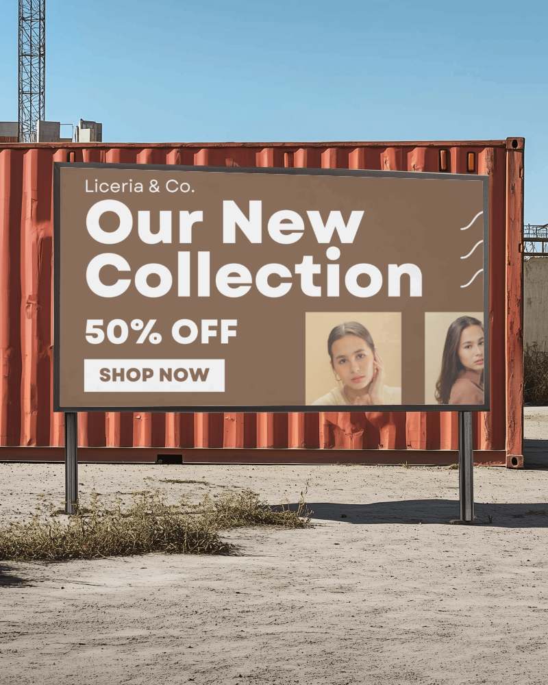 Outdoor Billboard Mockup With Red Shipping Container Background Under Clear Blue Sky