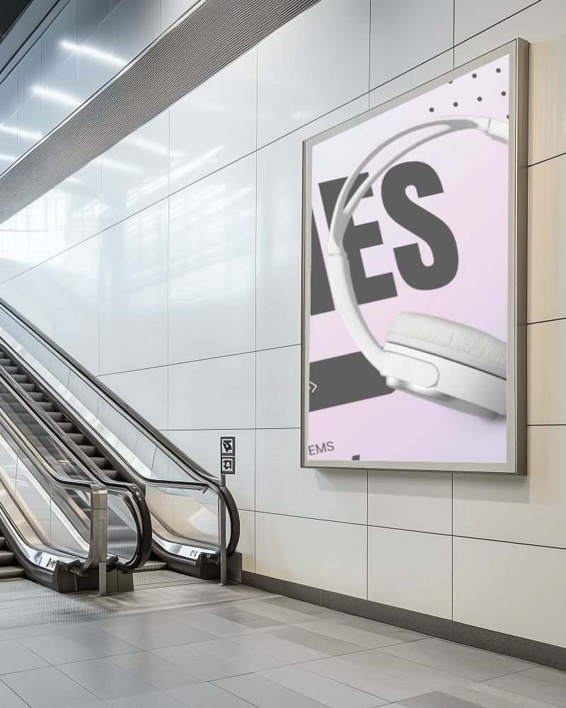 Subway Escalator Adjacent Billboard Mockup With Design Space