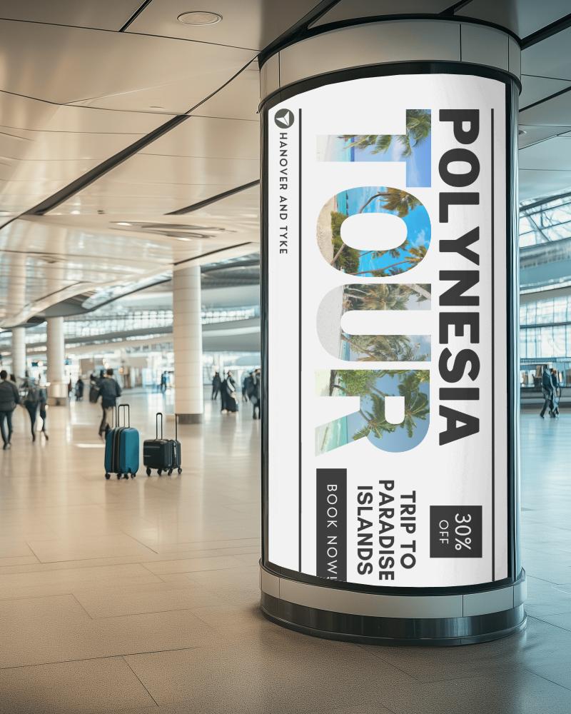 Cylindrical Billboard Mockup In Airport With Passengers And Baggage