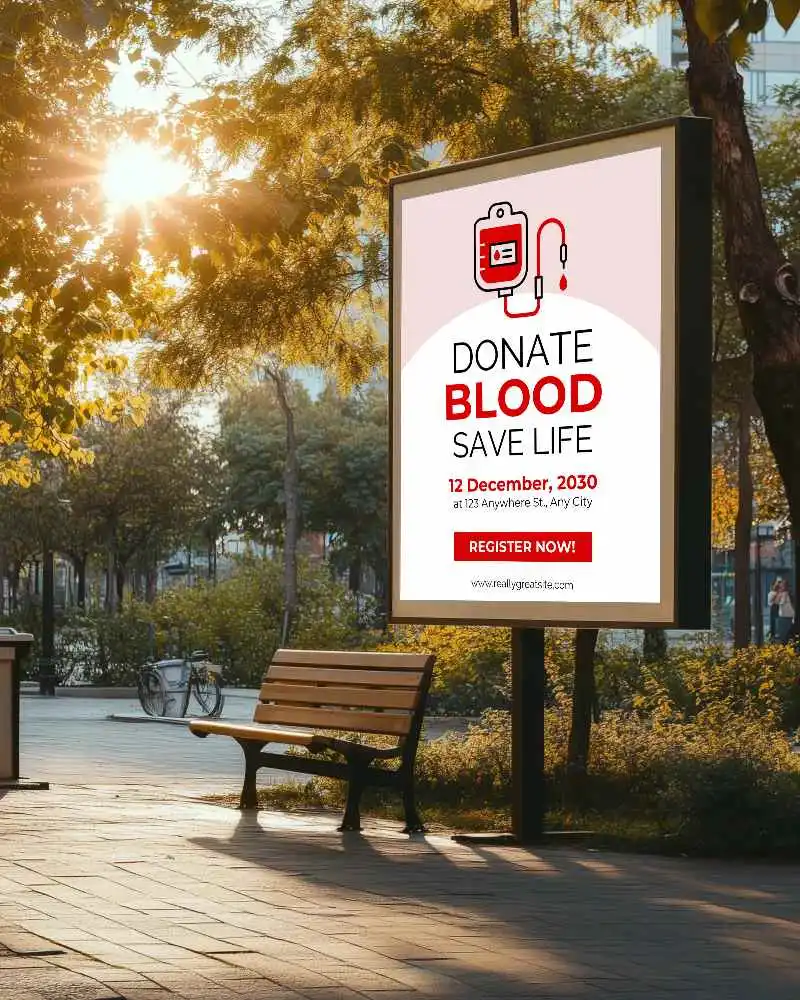 Sunset Park Billboard Mockup Vertical Ad Display Next To Wooden Bench Under Golden Hour Light Through Trees