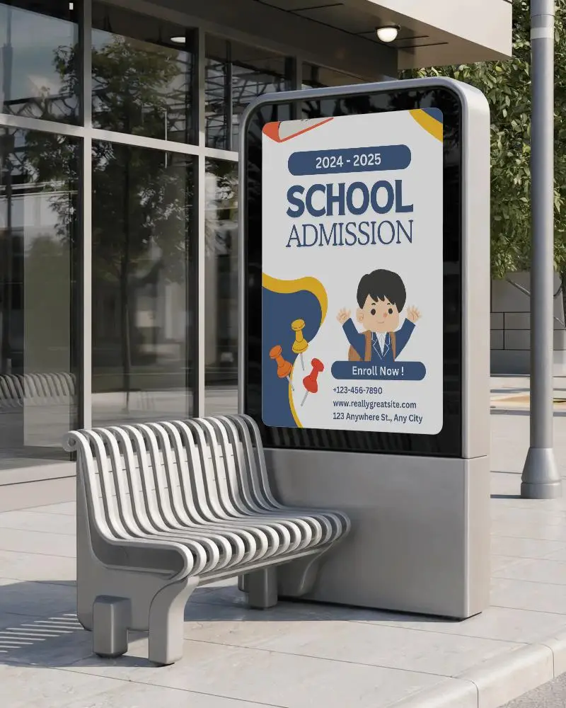 Bus Stop Billboard Mockup Vertical Outdoor Ad Display Next To Modern Metal Bench On Urban Sidewalk Daylight Scene 0140