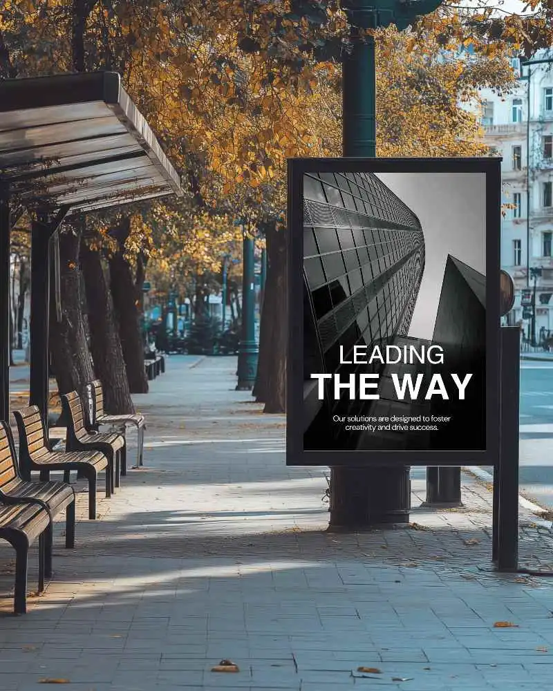 Autumn Street Billboard Mockup Vertical Ad Display At Bus Stop With Bench Lined Sidewalk And Yellow Fall Foliage
