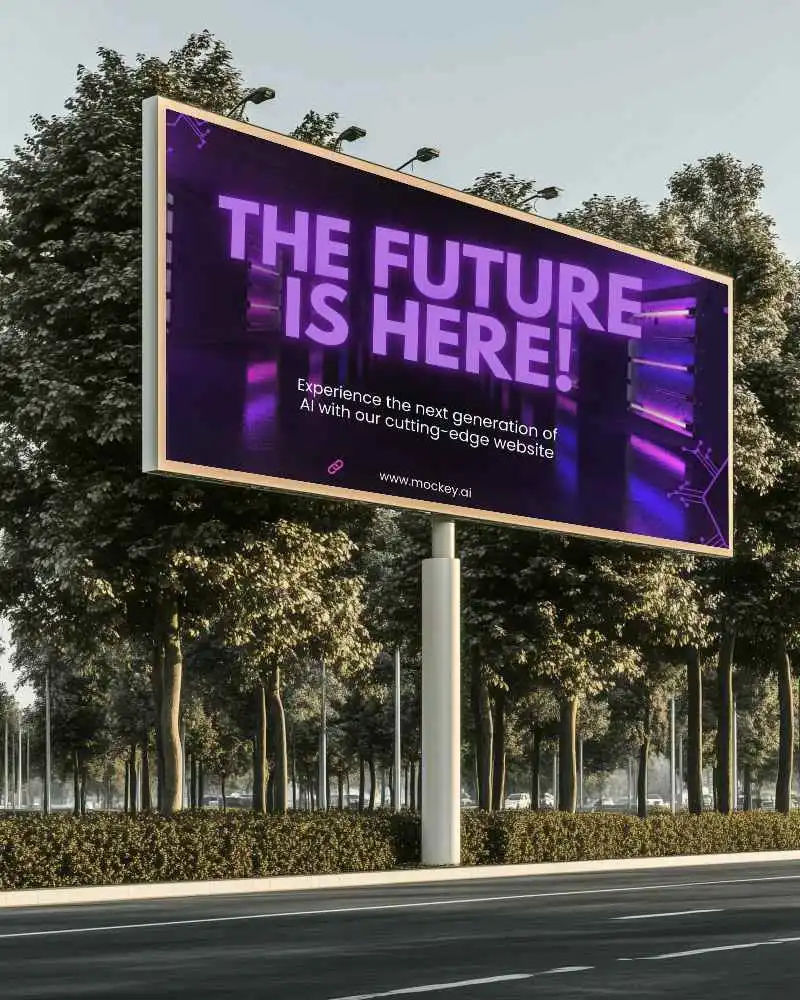 Realistic Roadside Billboard Mockup Surrounded By Trees Clear Sky And Even Lighting