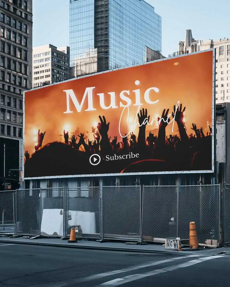 Urban Billboard Mockup On Empty Street With Orange Traffic Cones And Glass Reflection Skyscrapers