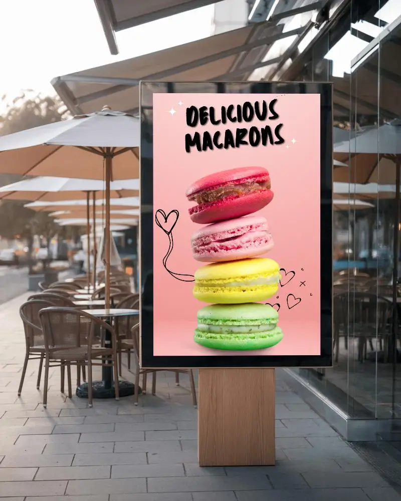 City Cafe Billboard Mockup In Sunlit Sidewalk Scene With Warm Tones And Reflective Storefront