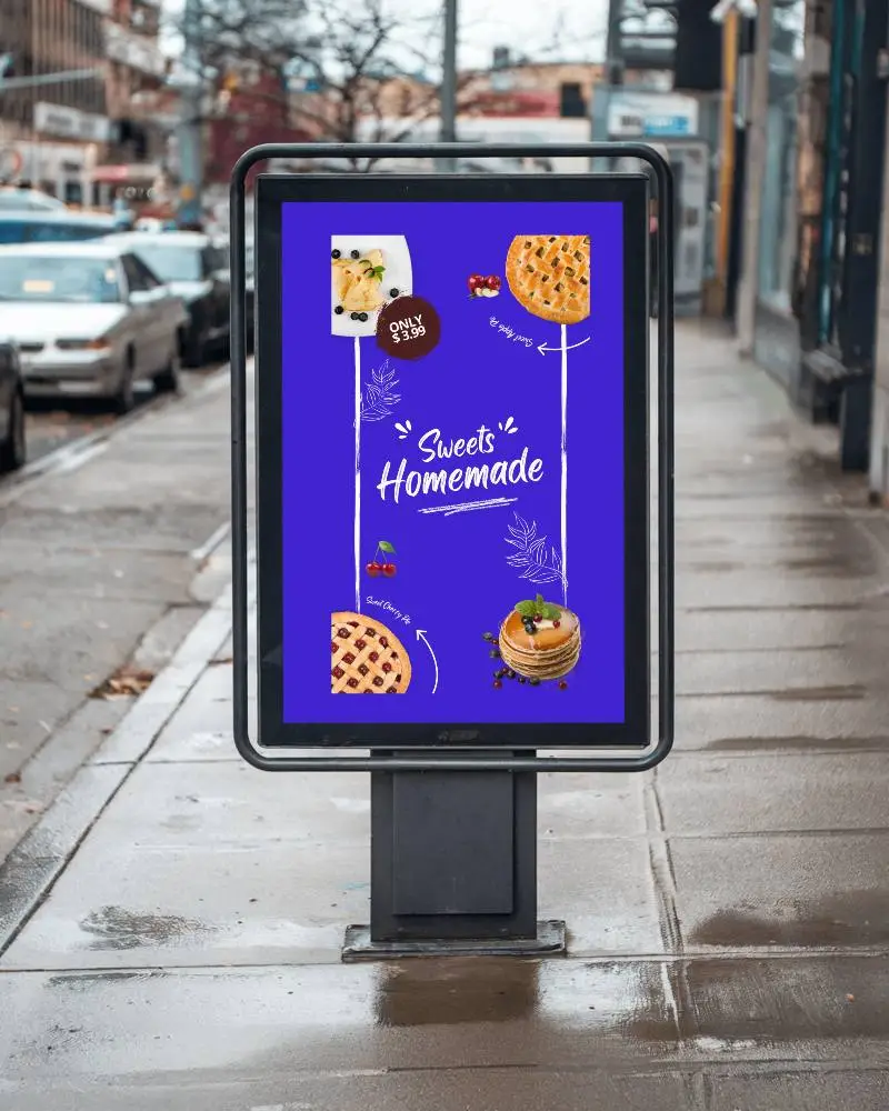 Rainy Urban Sidewalk Billboard Mockup On Wet Pavement With Blurred City Traffic Background