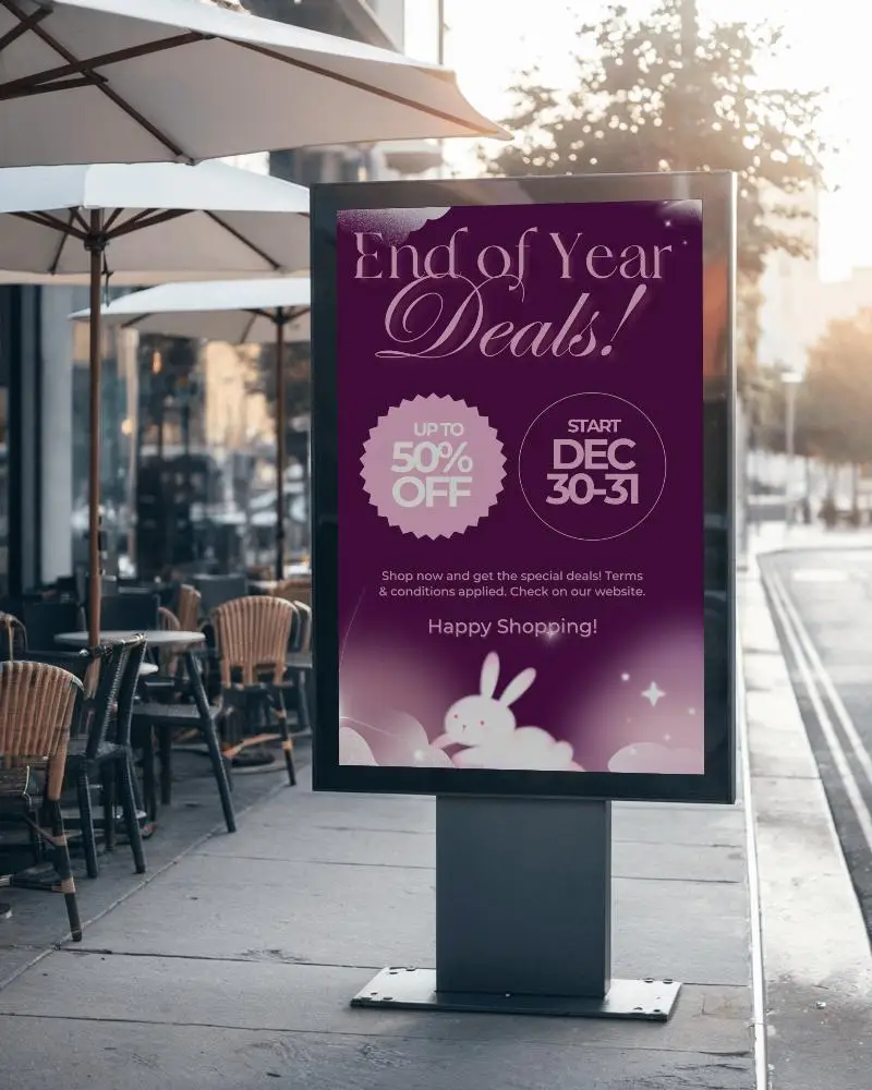 Outdoor Cafe Billboard Mockup On Sunny Sidewalk With Rattan Chairs And White Umbrellas