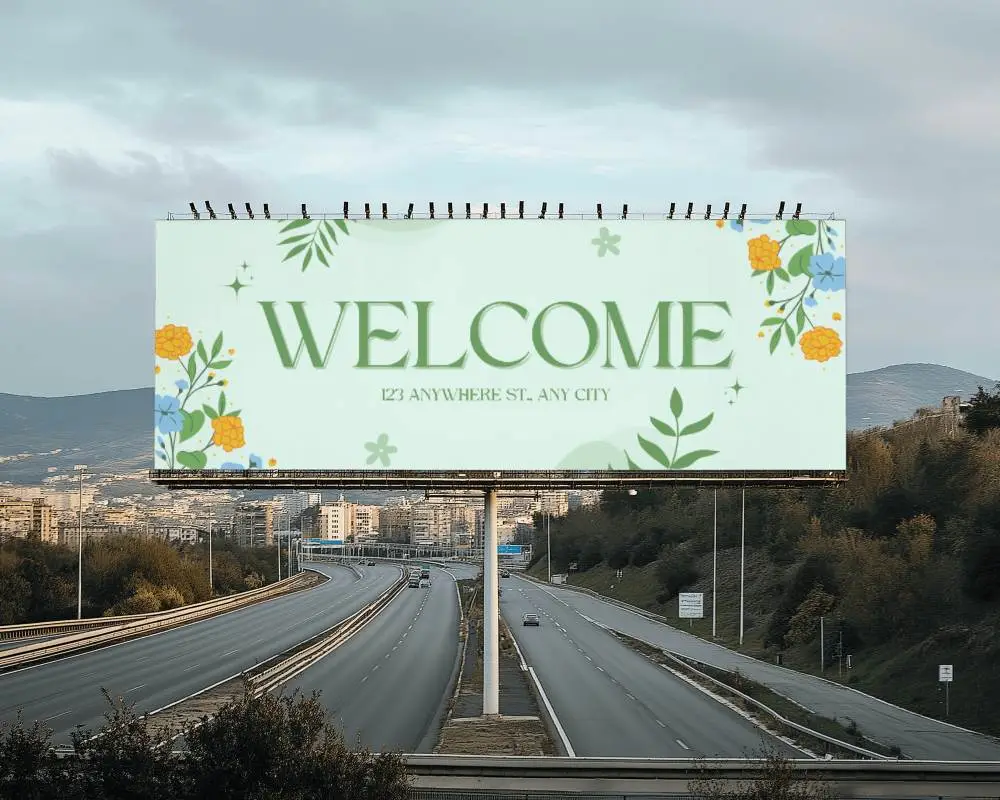 Double Post Billboard Mockup Above Highway With Mountain Background