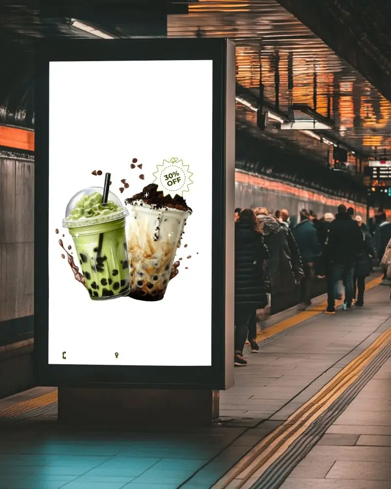 Subway Station Billboard Mockup Bubble Tea Advertisement With 30 Percent Off Offer Vibrant Drinks On White Background Crowded Evening Commuter Scene 0172