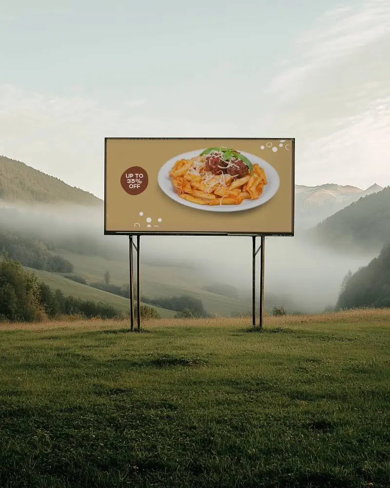 Peaceful Hillside Billboard Mockup In Open Field With Cloudy Sky And Tree Lined Ridges