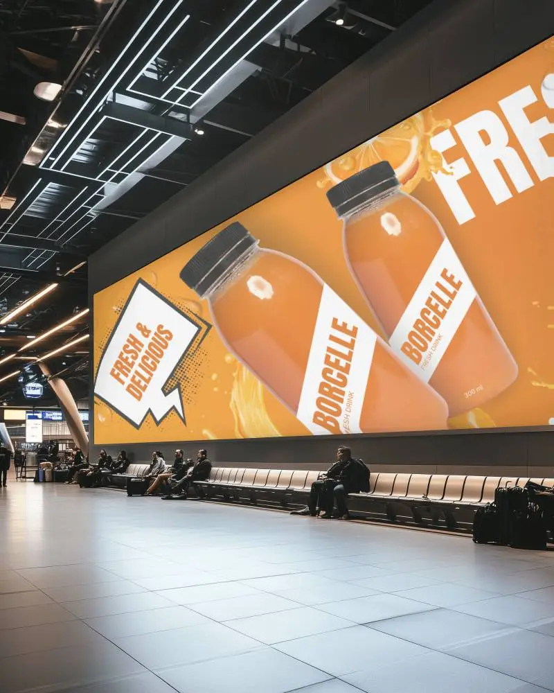 Modern Airport Terminal Billboard Mockup Large Format Digital Advertising With Bright Orange Beverage Promo Sleek Industrial Ceiling Design And Waiting Travelers 0182
