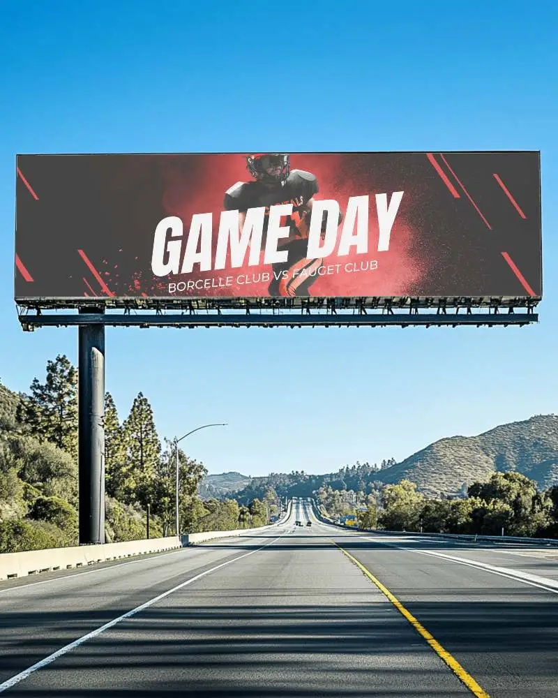 Highway Billboard Mockup Featuring Game Day Promotion With Bold Typography And Athlete Action Shot Promoting Sports Event Against Open Road And Mountain Backdrop 0201