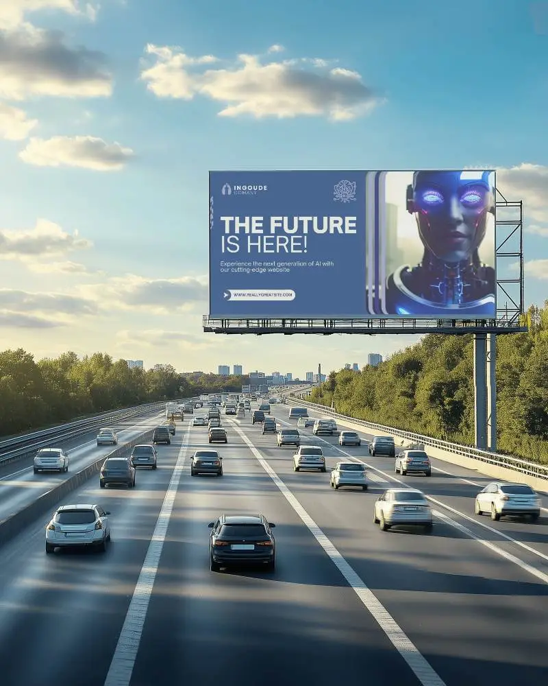 Urban Roadside Billboard Mockup With Blue Themed Technology Ad Promoting Advanced Ai Future Concepts Over Traffic Heavy Motorway At Dusk 0202